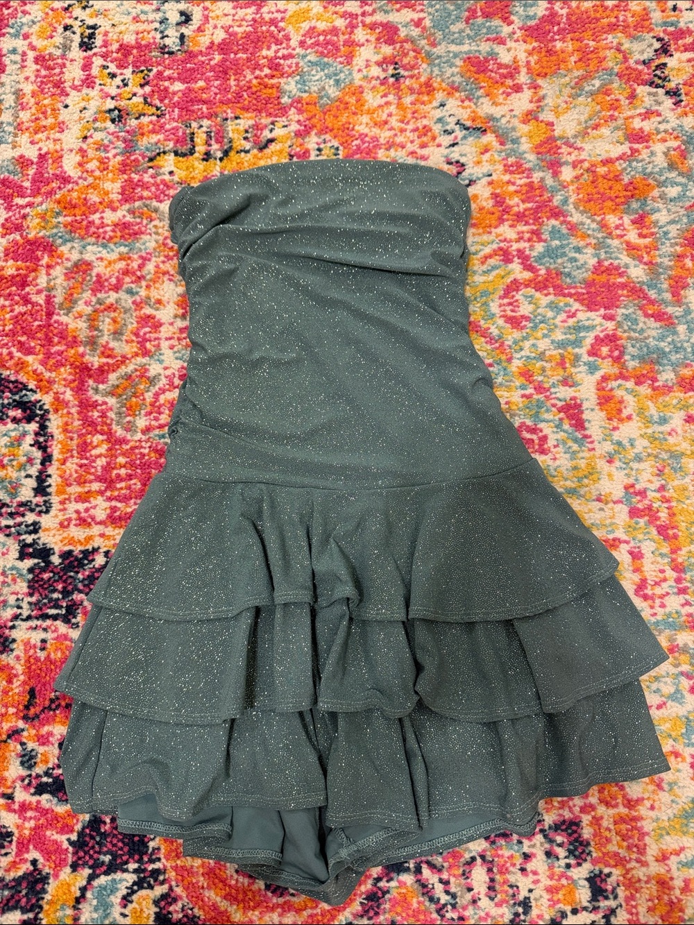 windsor Strapless Glitter Layered Ruffle Romper in Dark Teal